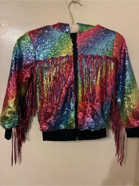 NWT Rainbow Sequin Fringe Bomber Jacket Girls Medium | Y2K| performance wear